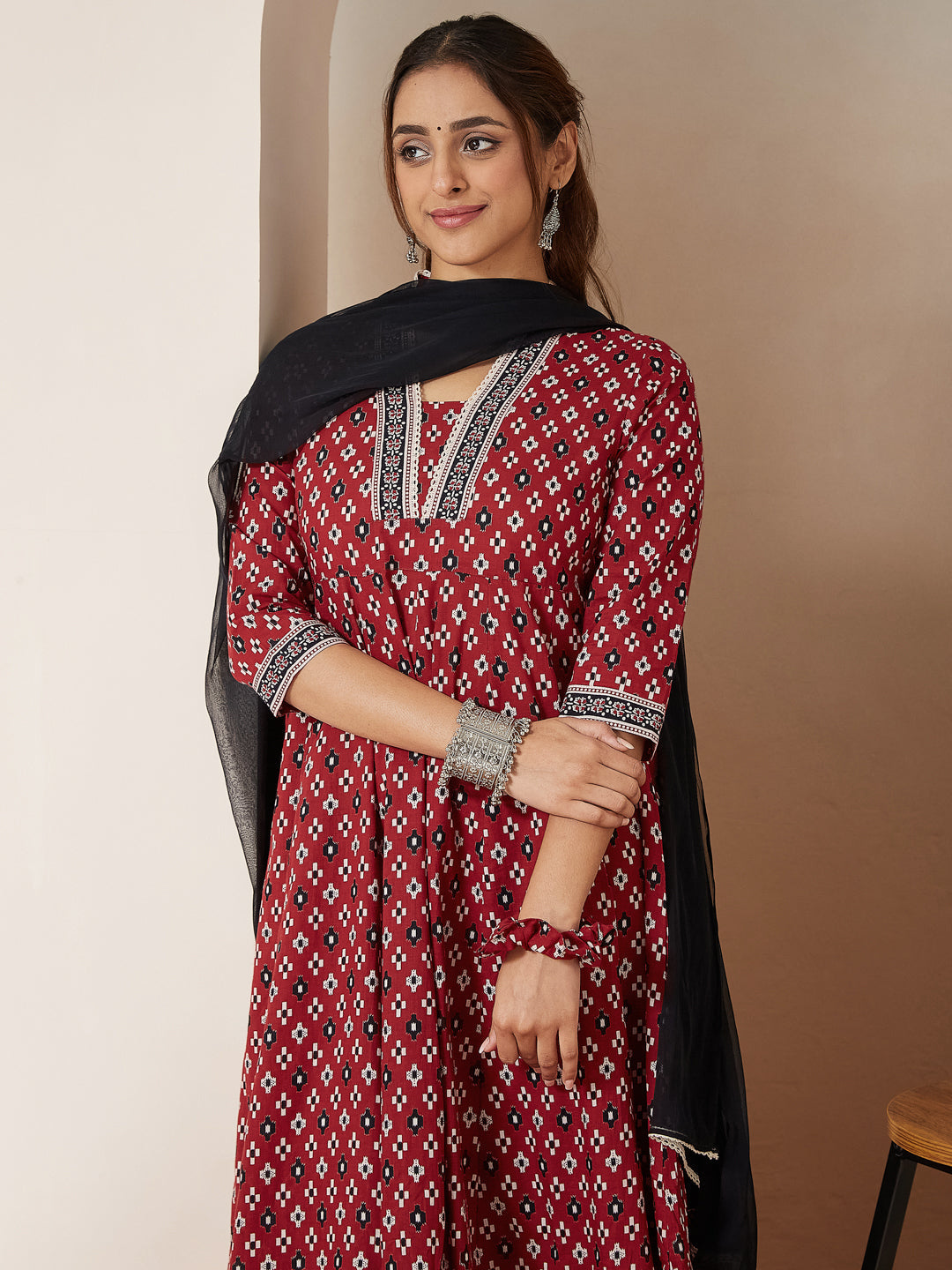 Ninnique Women's Maroon Pure Cotton Ikkat Printed Anarkali Kurta Set
