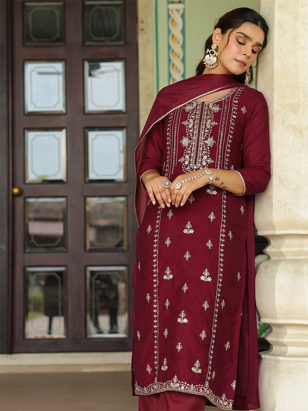 Ninnique Women's Maroon Silk Blend Zari Embroidered Straight Kurta Set With Dupatta