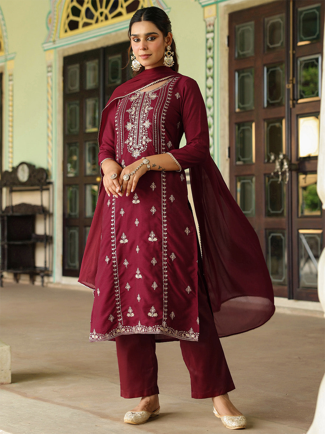 Ninnique Women's Maroon Silk Blend Zari Embroidered Straight Kurta Set With Dupatta