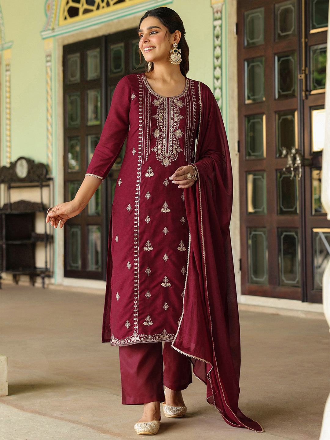 Ninnique Women's Maroon Silk Blend Zari Embroidered Straight Kurta Set With Dupatta