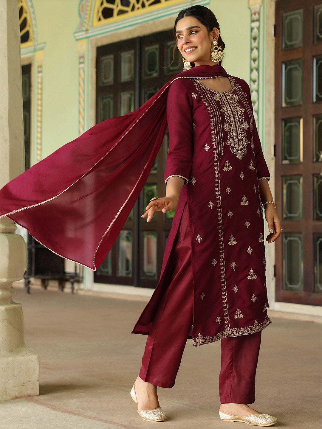 Ninnique Women's Maroon Silk Blend Zari Embroidered Straight Kurta Set With Dupatta