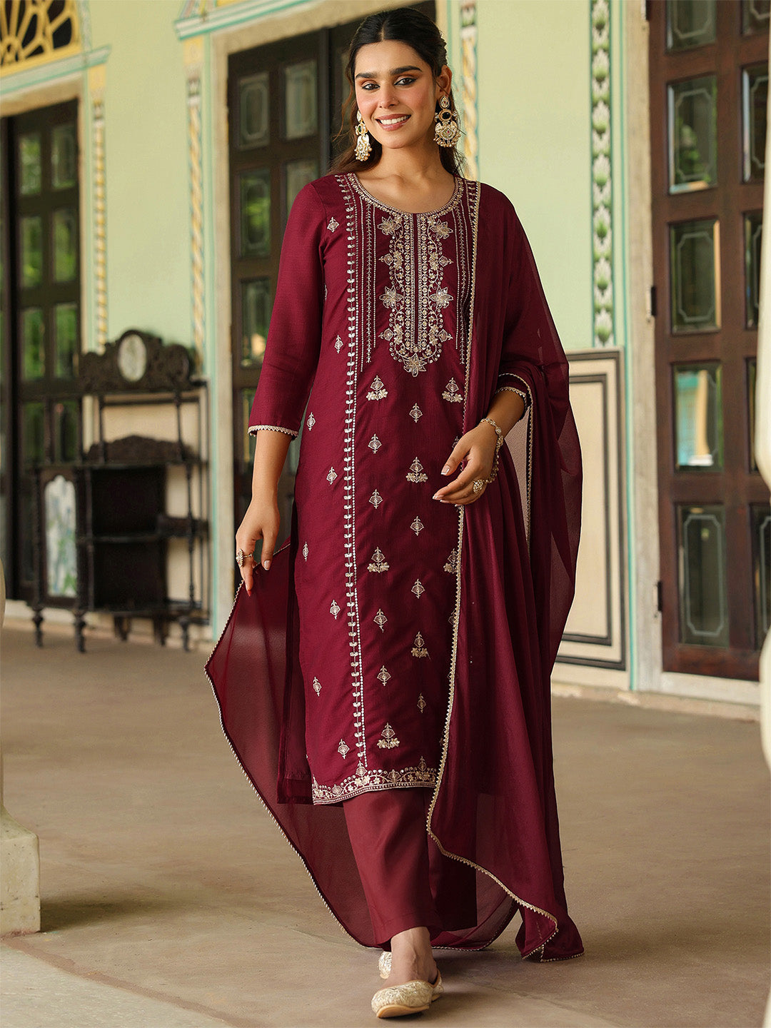 Ninnique Women's Maroon Silk Blend Zari Embroidered Straight Kurta Set With Dupatta
