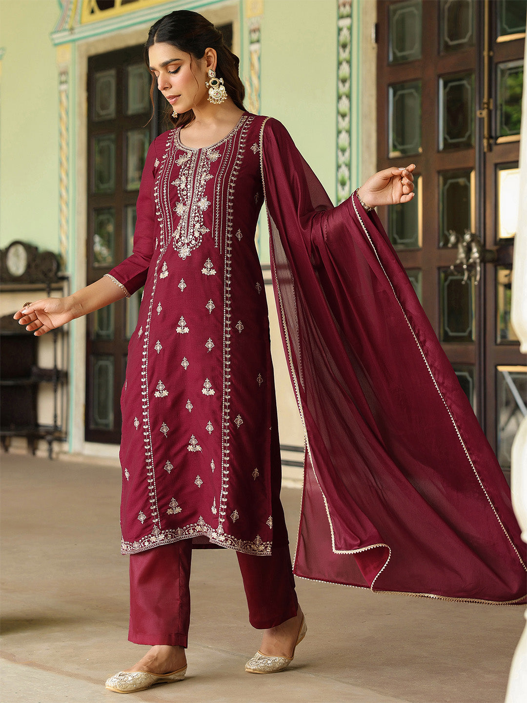 Ninnique Women's Maroon Silk Blend Zari Embroidered Straight Kurta Set With Dupatta