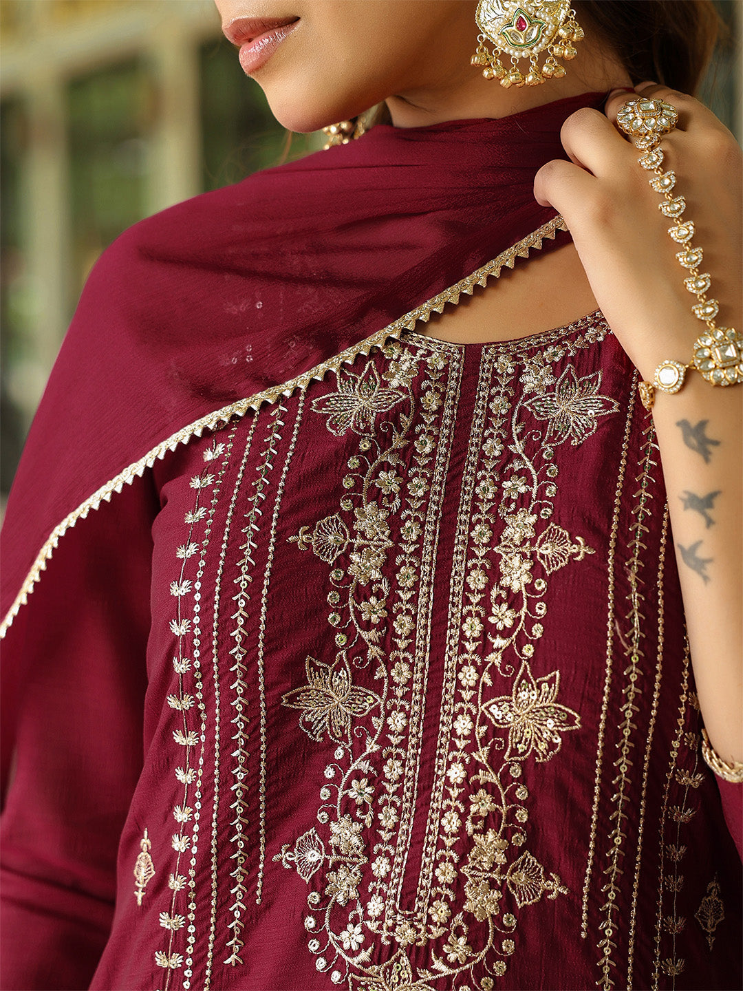 Ninnique Women's Maroon Silk Blend Zari Embroidered Straight Kurta Set With Dupatta