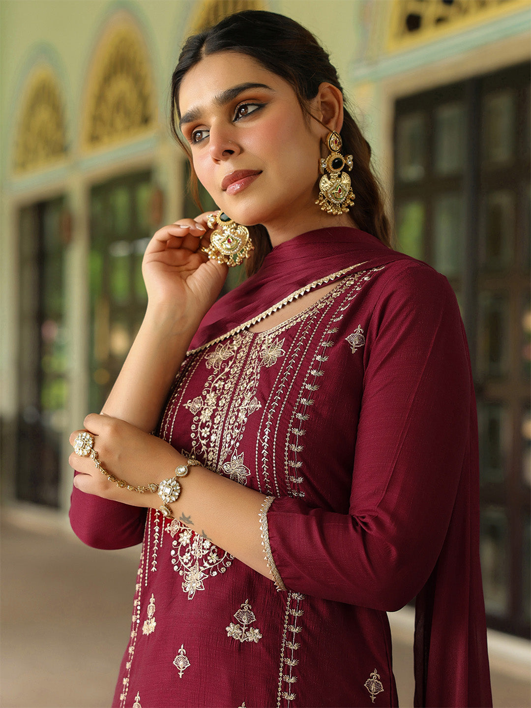 Ninnique Women's Maroon Silk Blend Zari Embroidered Straight Kurta Set With Dupatta