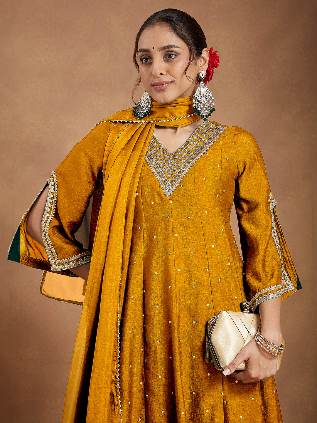 Ninnique Women's Mustard Silk Blend Zari Embroidered Anarkali Kurta With Palazzo & Dupatta Set