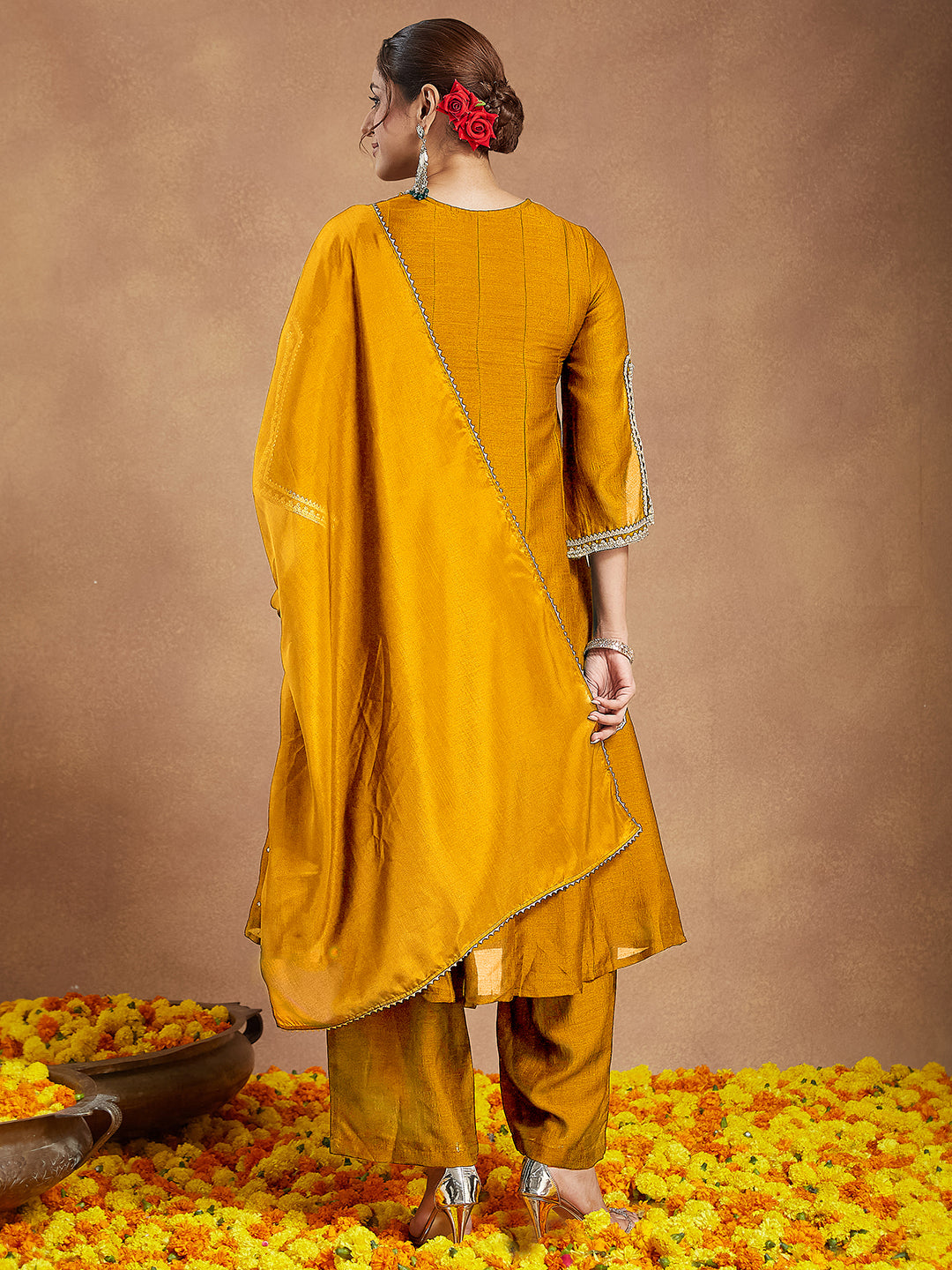 Ninnique Women's Mustard Silk Blend Zari Embroidered Anarkali Kurta With Palazzo & Dupatta Set
