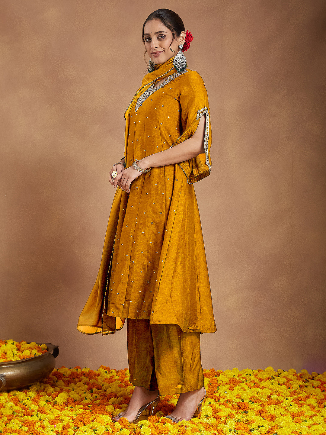 Ninnique Women's Mustard Silk Blend Zari Embroidered Anarkali Kurta With Palazzo & Dupatta Set