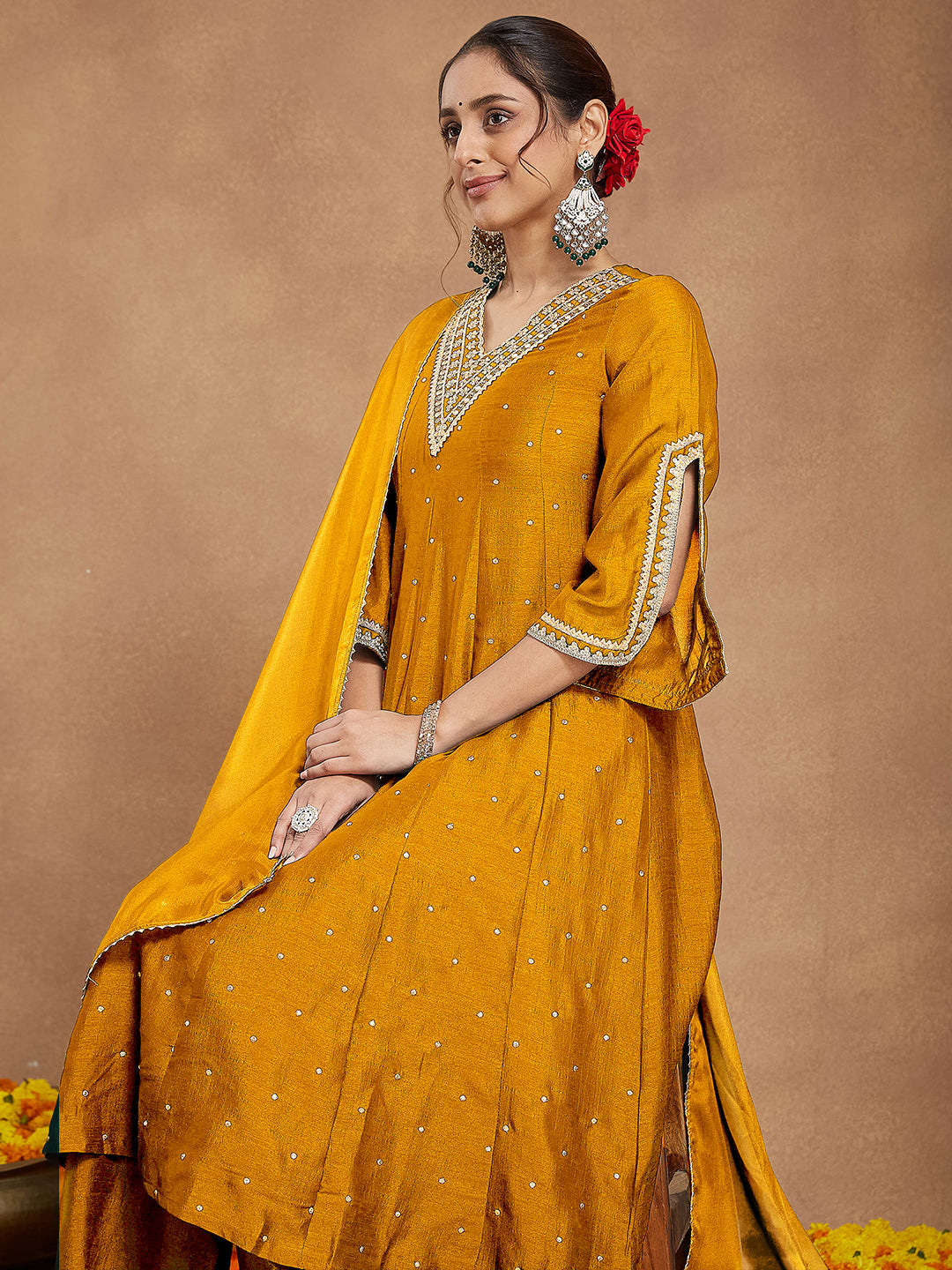Ninnique Women's Mustard Silk Blend Zari Embroidered Anarkali Kurta With Palazzo & Dupatta Set