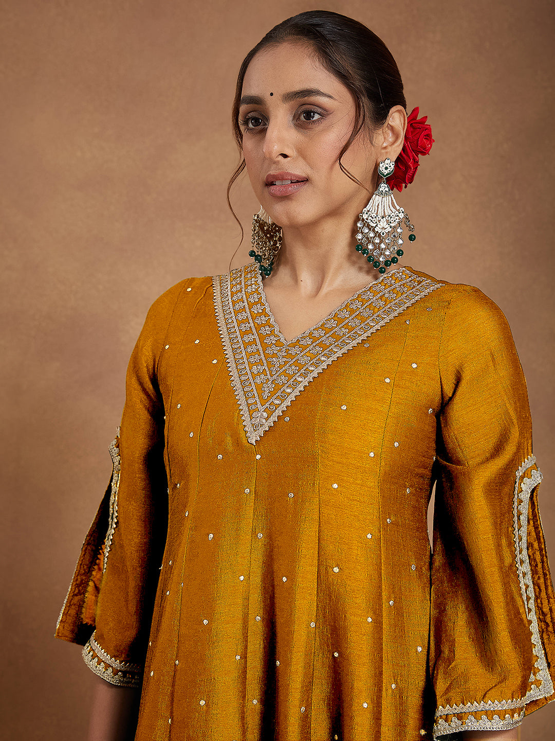 Ninnique Women's Mustard Silk Blend Zari Embroidered Anarkali Kurta With Palazzo & Dupatta Set