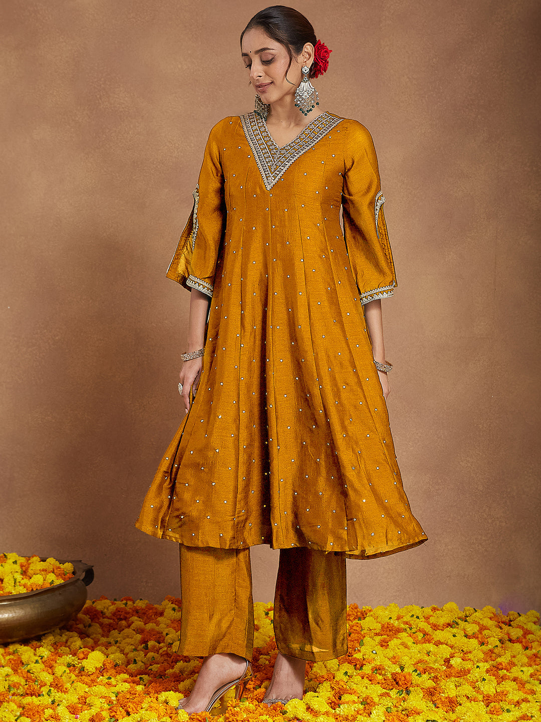Ninnique Women's Mustard Silk Blend Zari Embroidered Anarkali Kurta With Palazzo & Dupatta Set