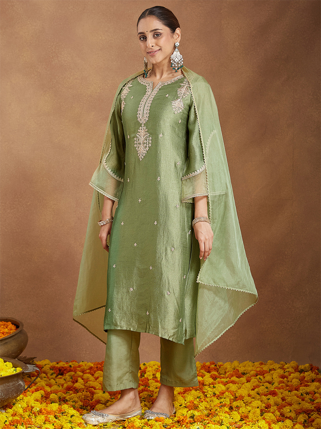 Ninnique Women's Sage Green Silk Blend Zari Embroidered Straight Kurta Set