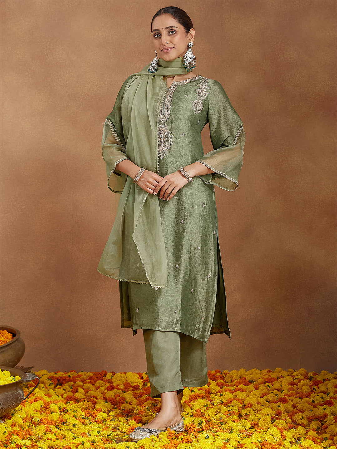 Ninnique Women's Sage Green Silk Blend Zari Embroidered Straight Kurta Set