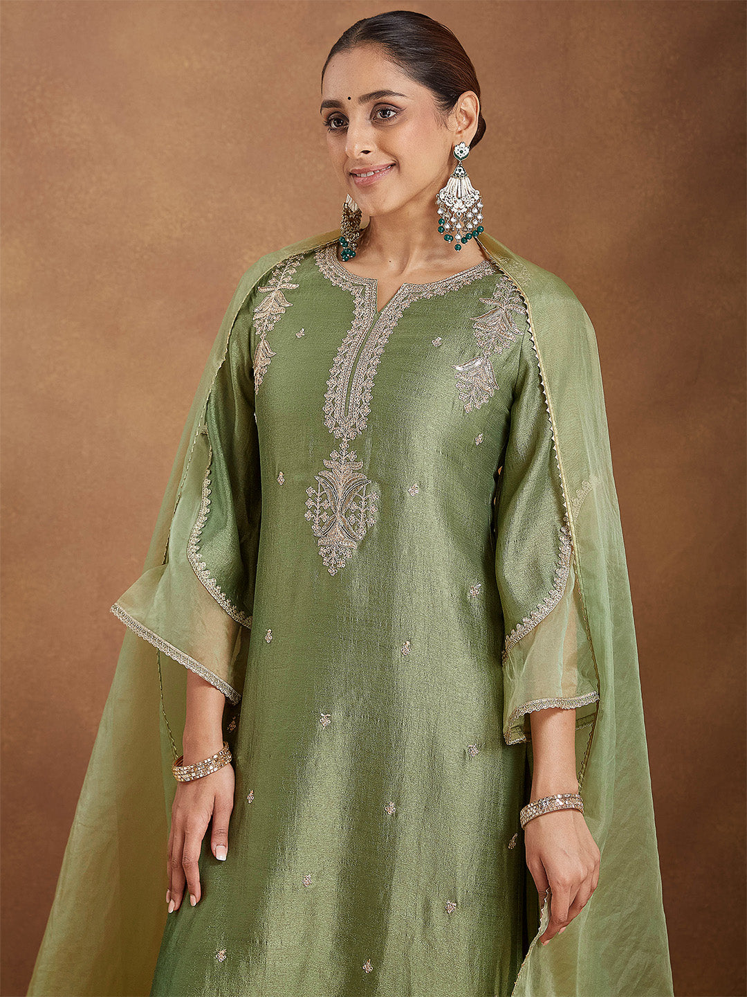 Ninnique Women's Sage Green Silk Blend Zari Embroidered Straight Kurta Set