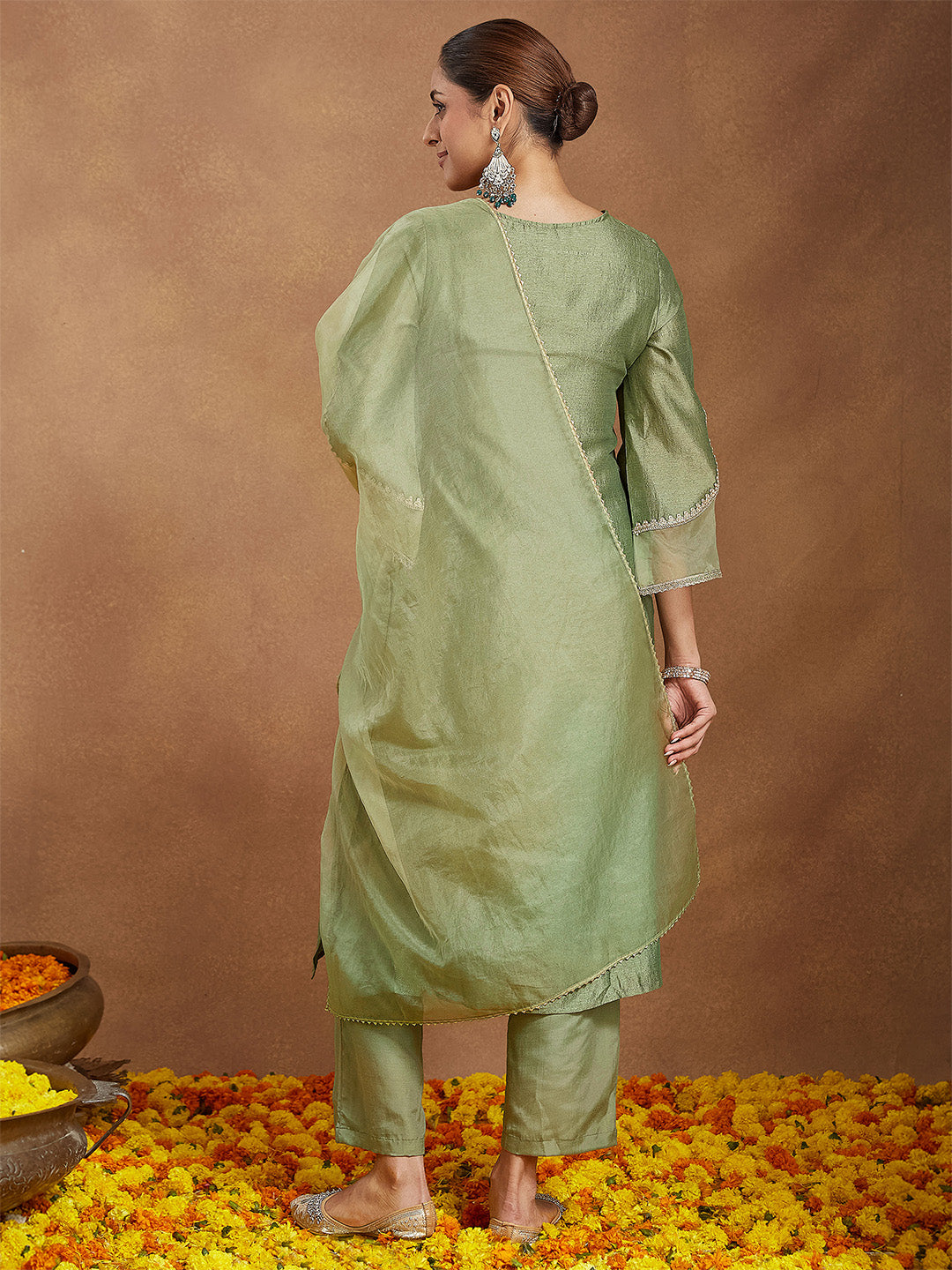 Ninnique Women's Sage Green Silk Blend Zari Embroidered Straight Kurta Set