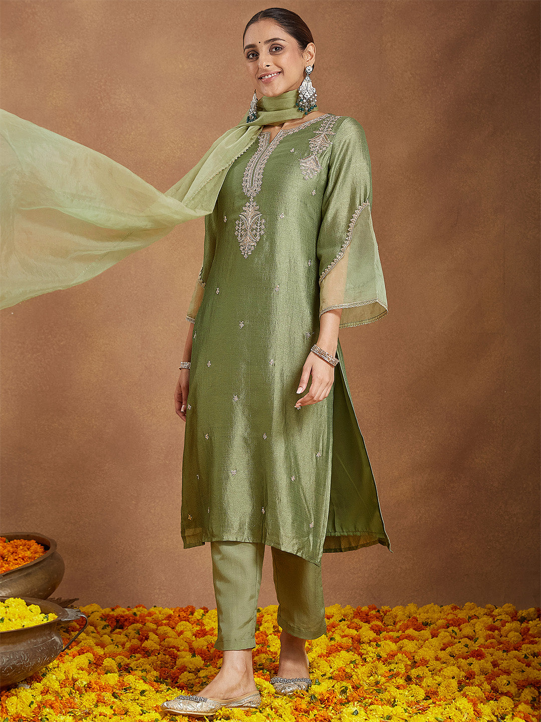 Ninnique Women's Sage Green Silk Blend Zari Embroidered Straight Kurta Set