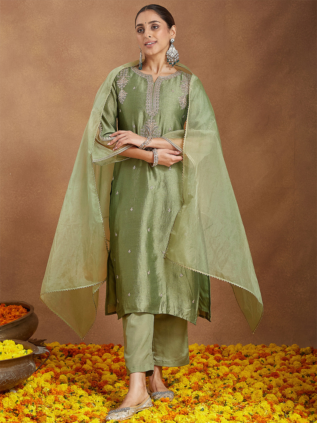 Ninnique Women's Sage Green Silk Blend Zari Embroidered Straight Kurta Set