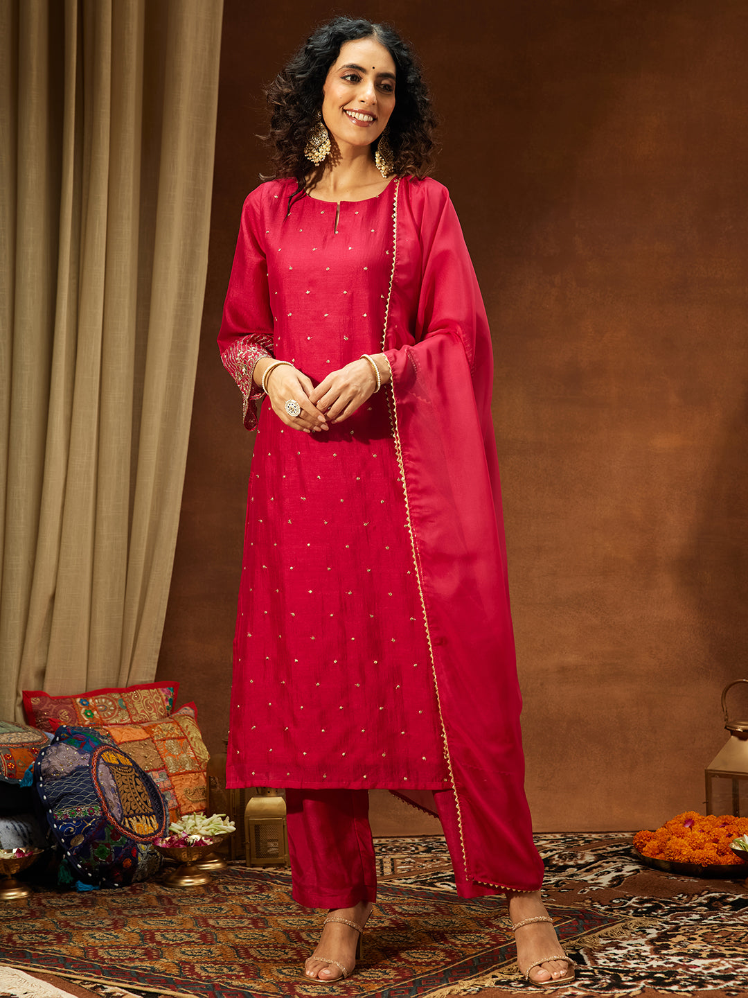 Ninnique Women's Pink Silk Blend Embellished Straight Kurta Set