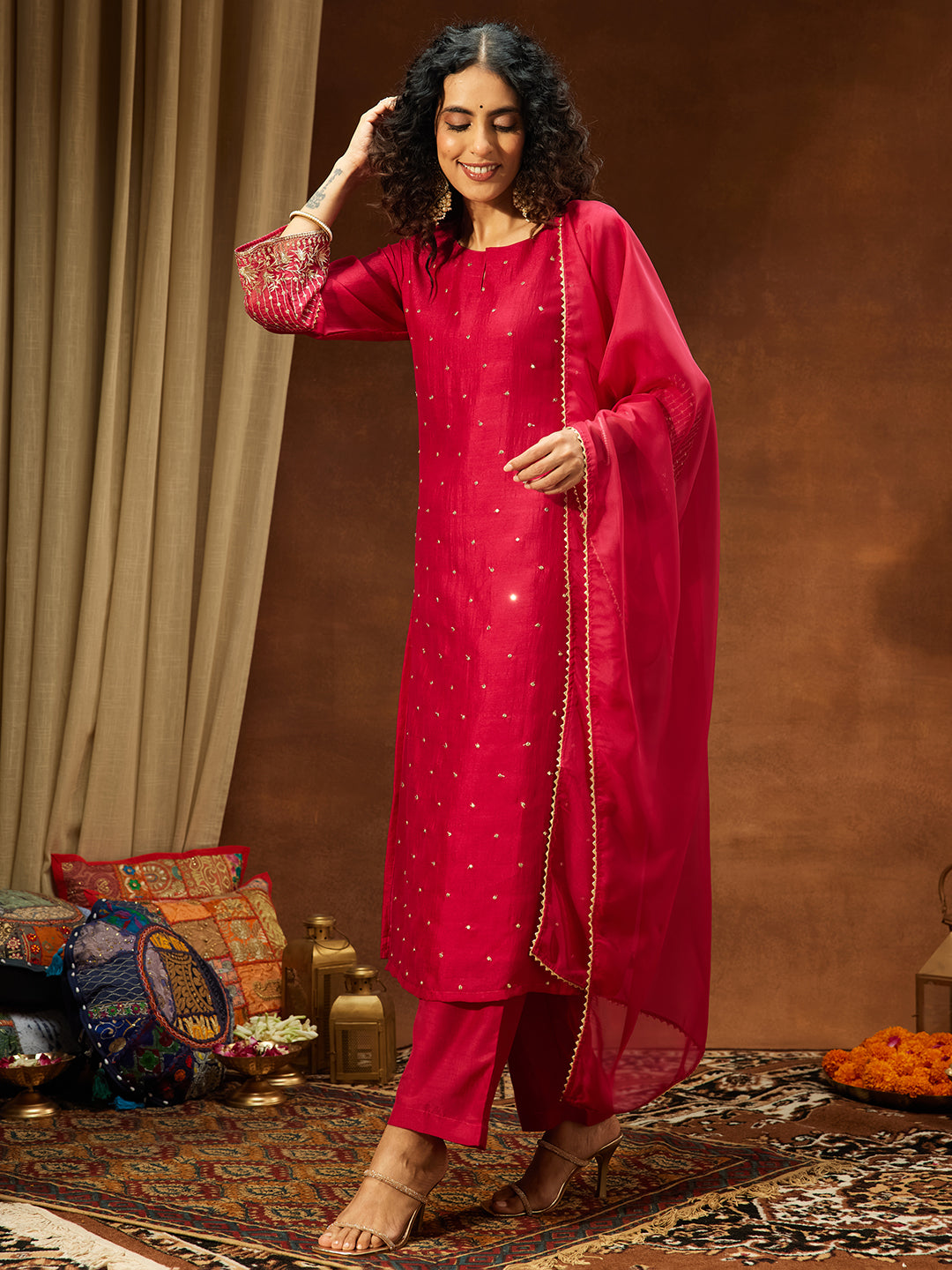 Ninnique Women's Pink Silk Blend Embellished Straight Kurta Set