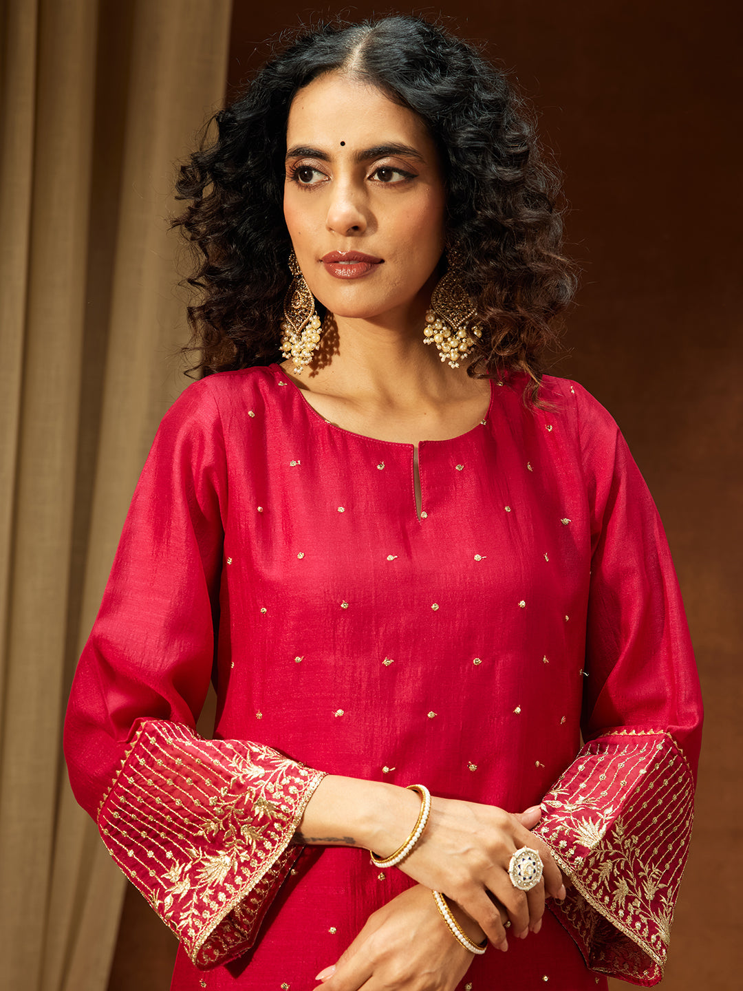 Ninnique Women's Pink Silk Blend Embellished Straight Kurta Set