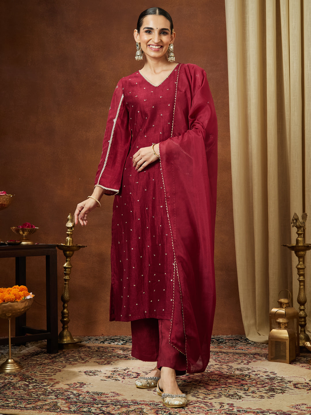 Ninnique Women's Maroon Silk Blend Embellished Straight Kurta Set