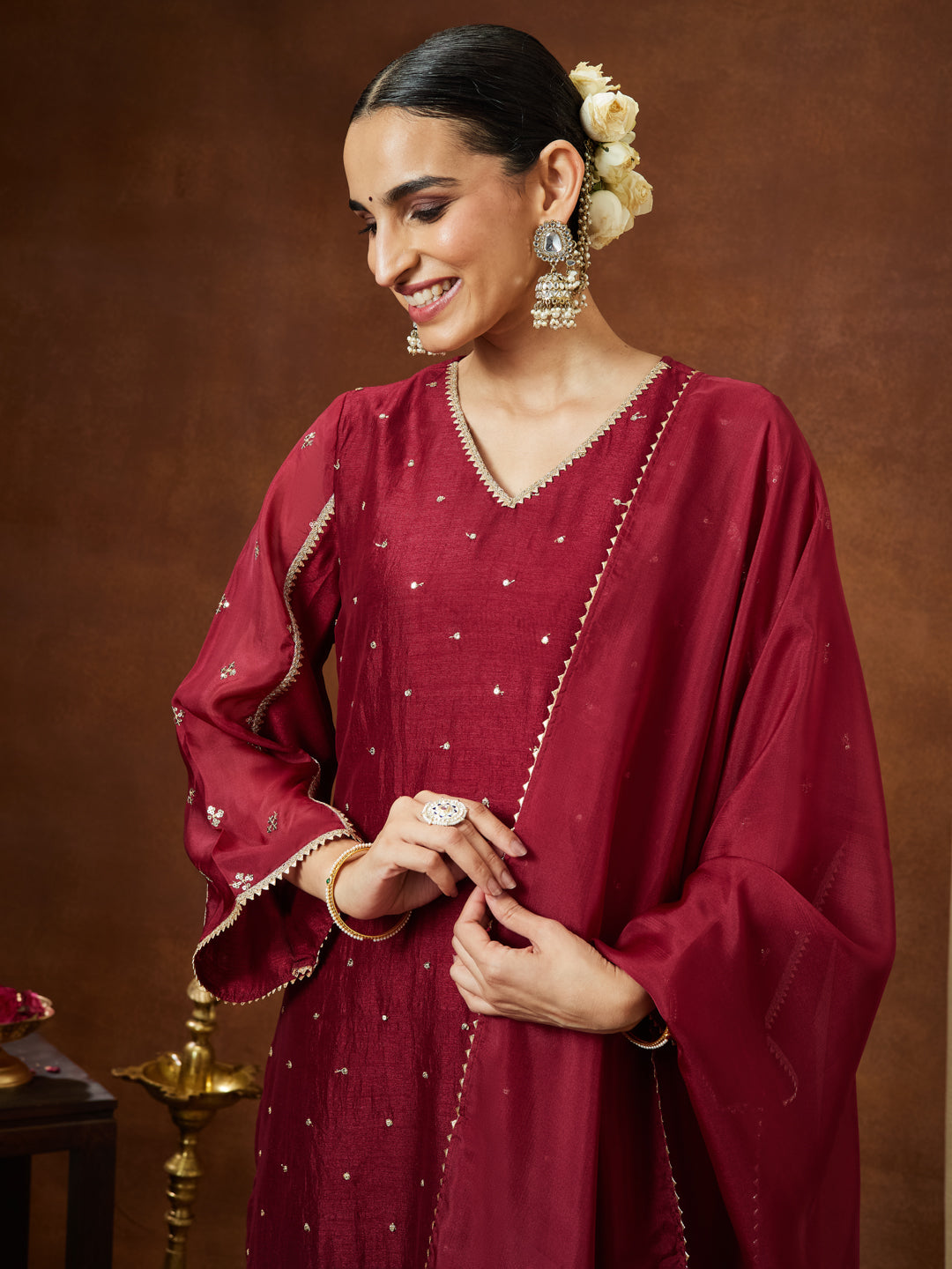 Ninnique Women's Maroon Silk Blend Embellished Straight Kurta Set