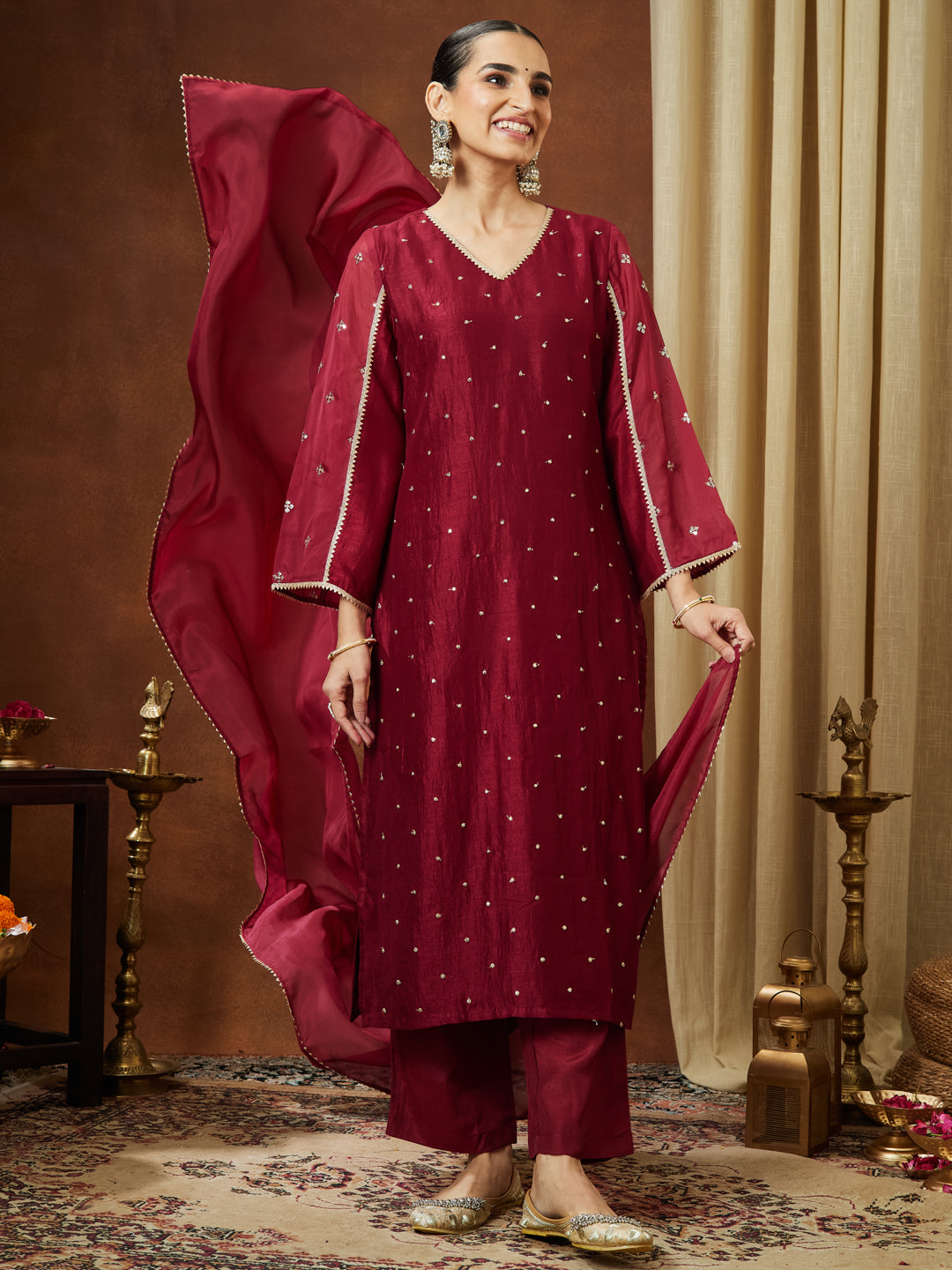 Ninnique Women's Maroon Silk Blend Embellished Straight Kurta Set