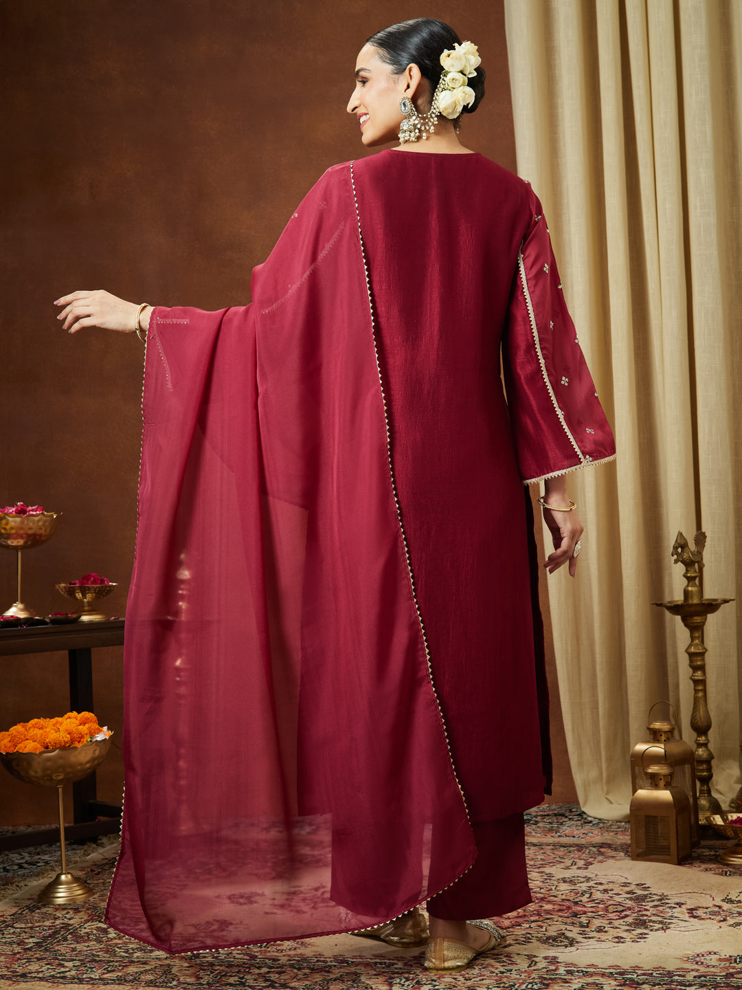 Ninnique Women's Maroon Silk Blend Embellished Straight Kurta Set