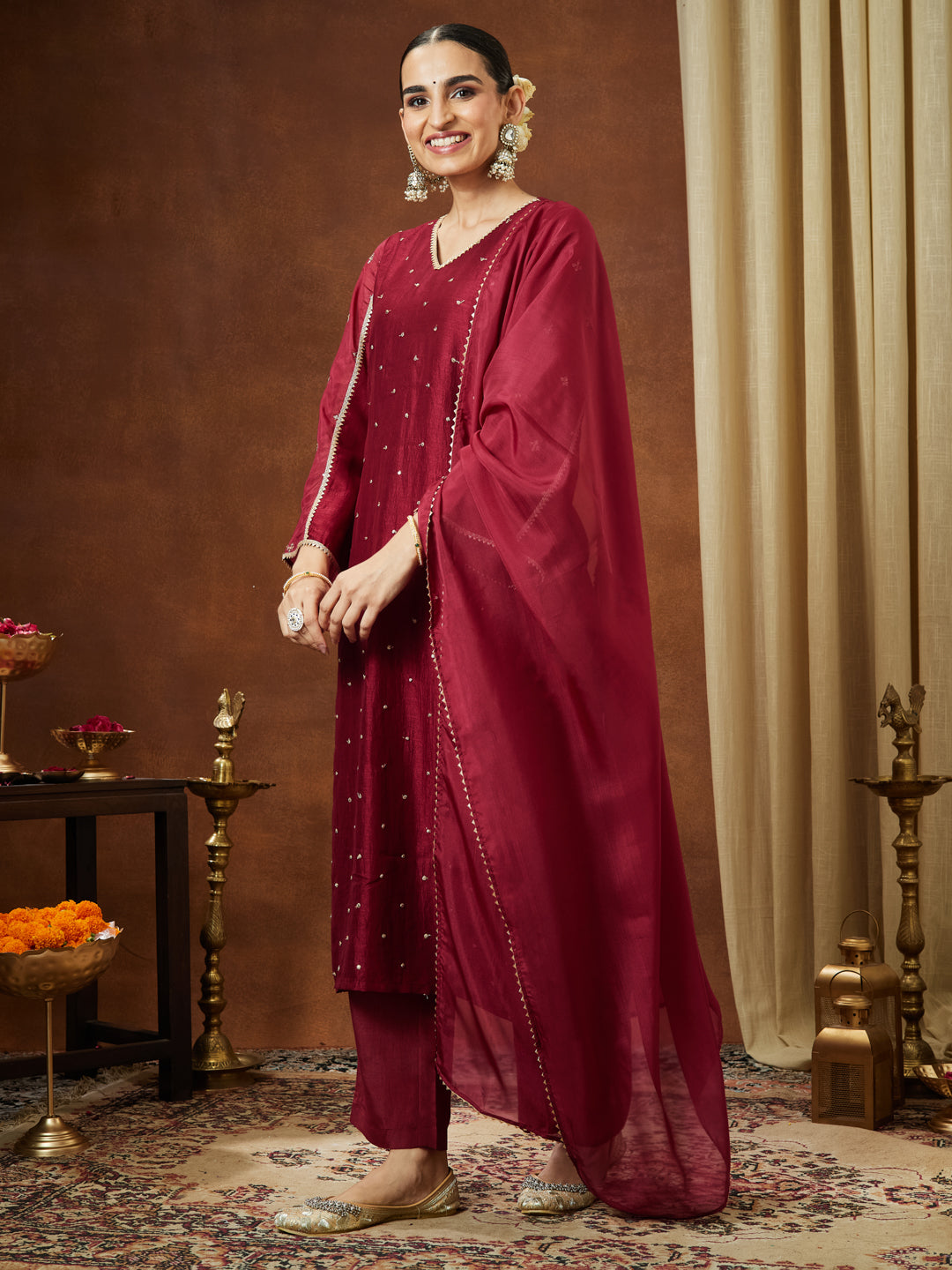 Ninnique Women's Maroon Silk Blend Embellished Straight Kurta Set