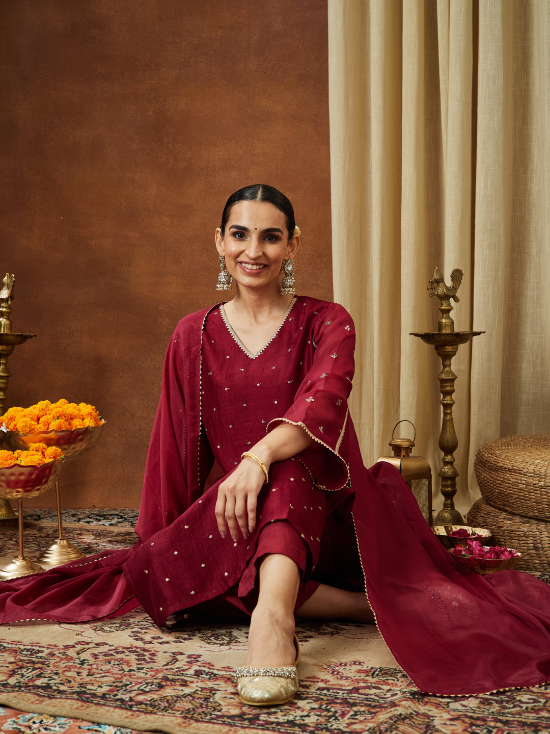 Ninnique Women's Maroon Silk Blend Embellished Straight Kurta Set