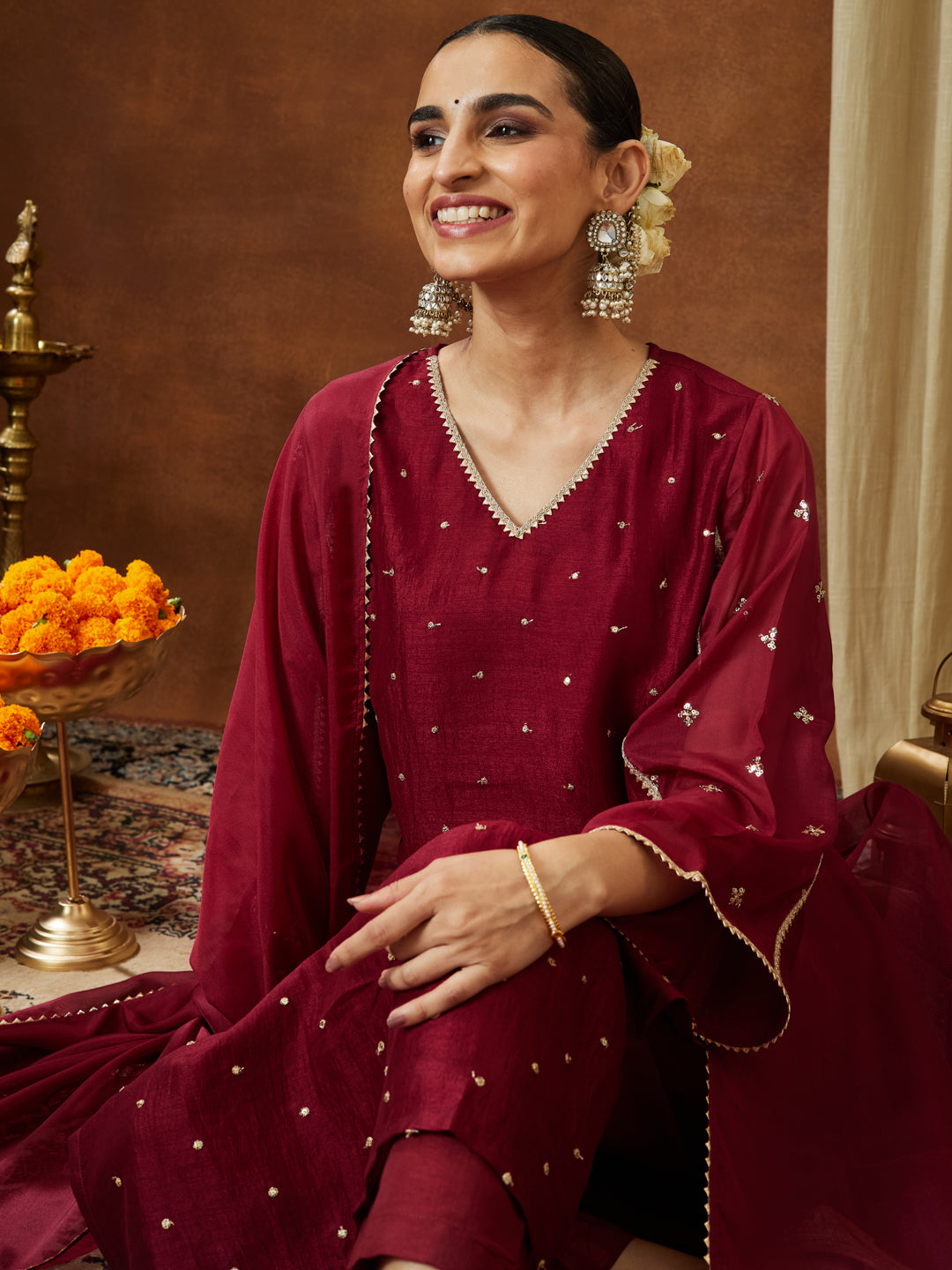 Ninnique Women's Maroon Silk Blend Embellished Straight Kurta Set