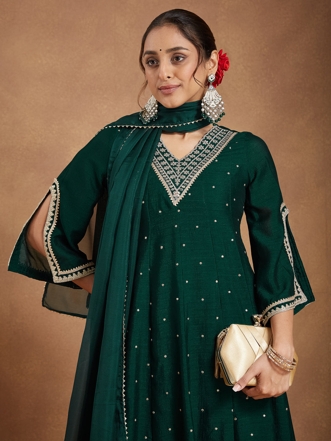 Ninnique Women's Green Silk Blend Zari Embroidered Anarkali Kurta With Palazzo & Dupatta Set