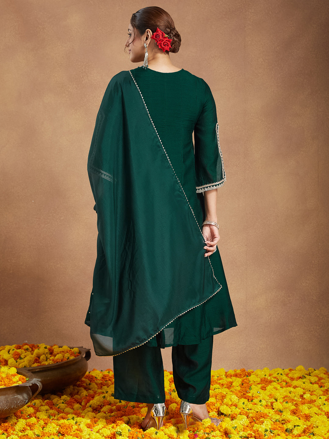 Ninnique Women's Green Silk Blend Zari Embroidered Anarkali Kurta With Palazzo & Dupatta Set