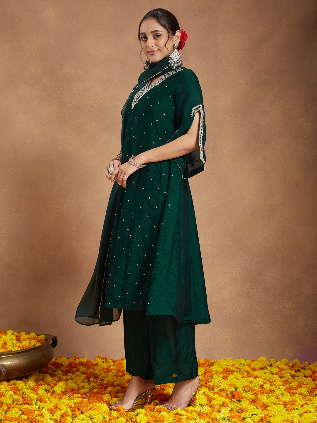 Ninnique Women's Green Silk Blend Zari Embroidered Anarkali Kurta With Palazzo & Dupatta Set