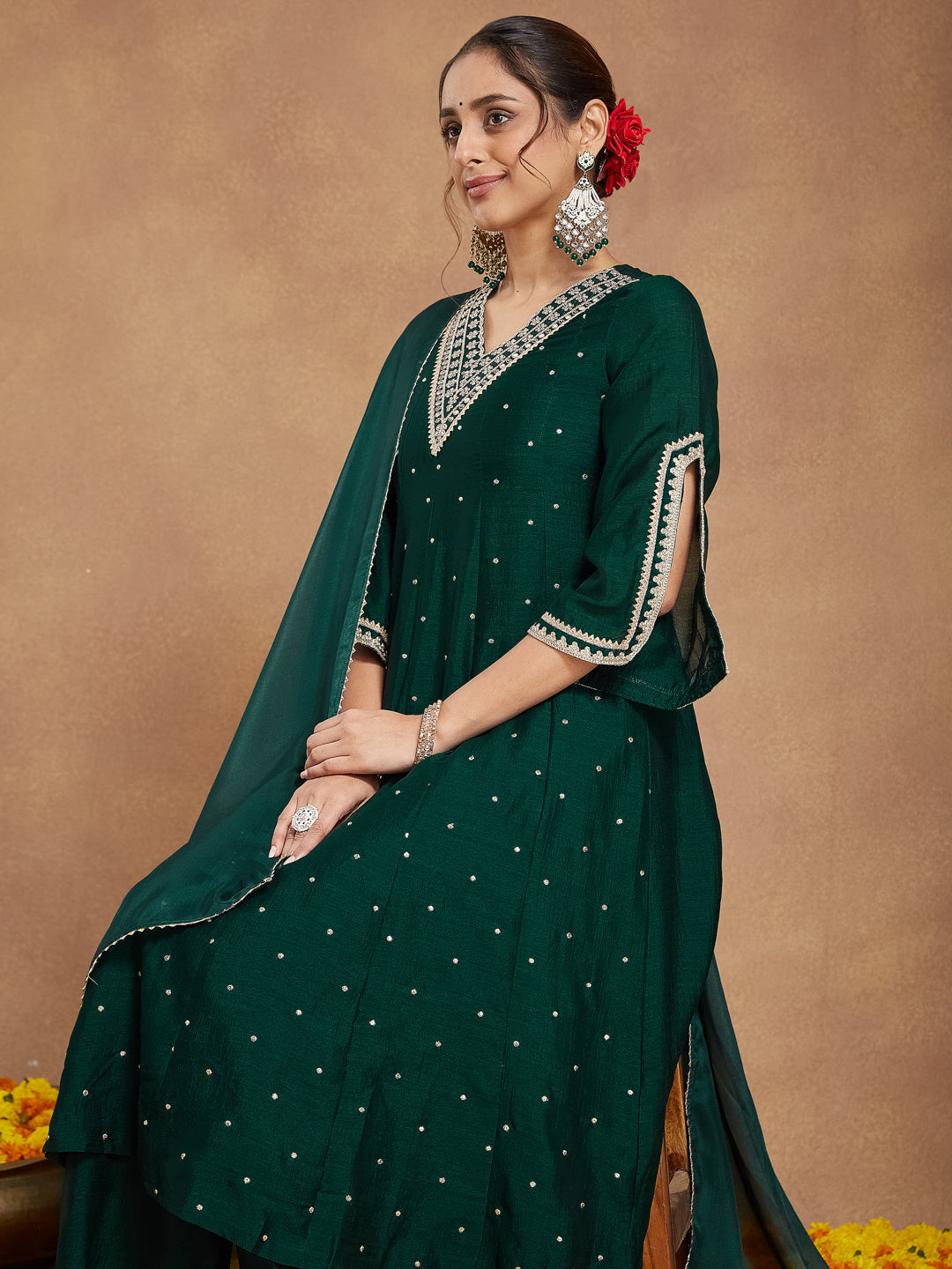Ninnique Women's Green Silk Blend Zari Embroidered Anarkali Kurta With Palazzo & Dupatta Set