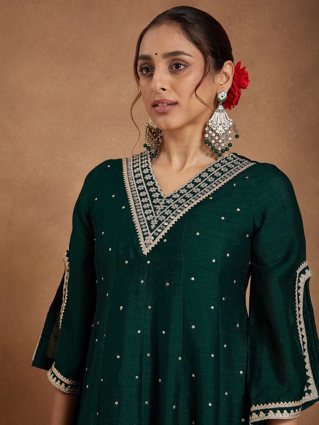 Ninnique Women's Green Silk Blend Zari Embroidered Anarkali Kurta With Palazzo & Dupatta Set