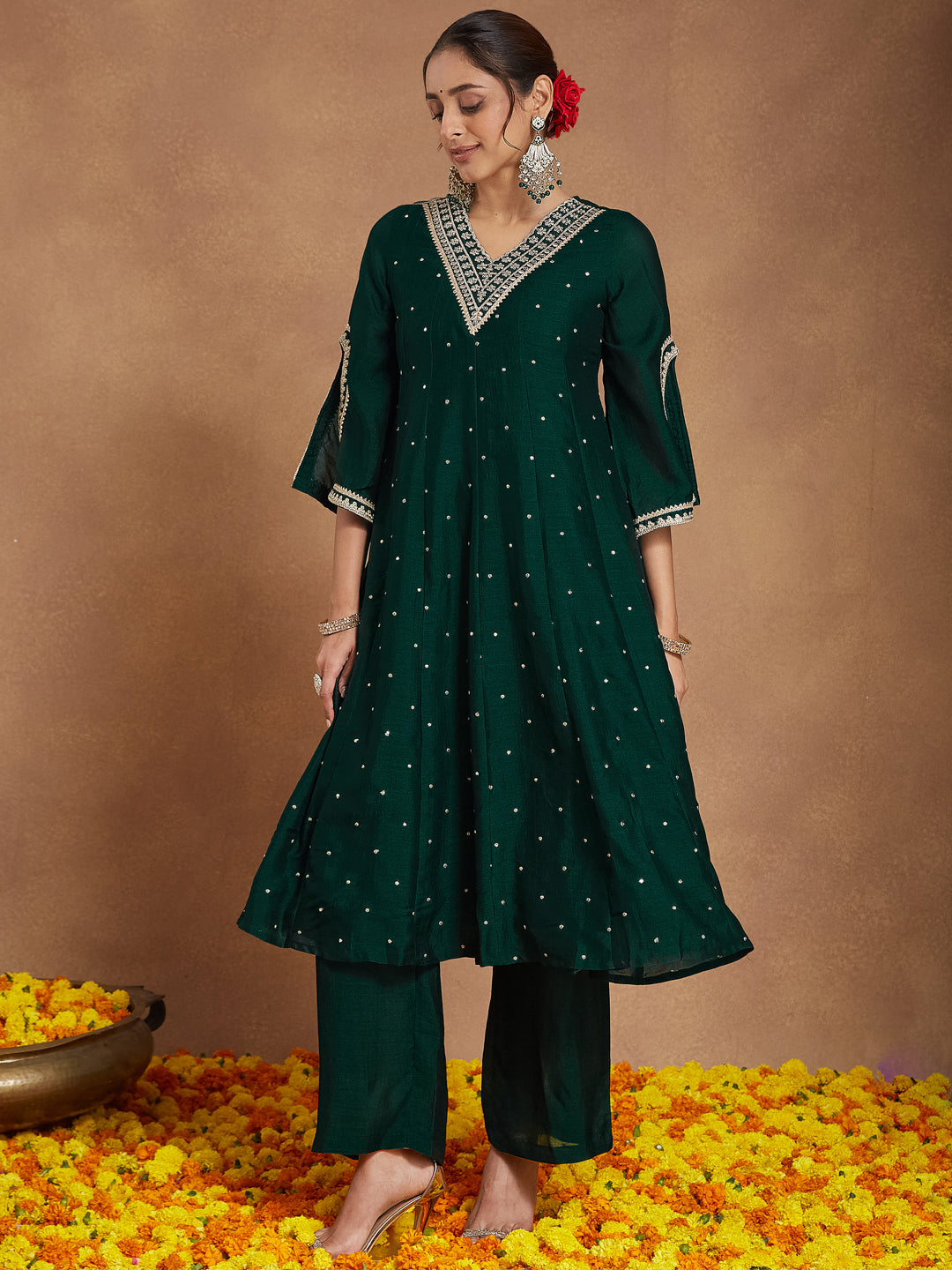 Ninnique Women's Green Silk Blend Zari Embroidered Anarkali Kurta With Palazzo & Dupatta Set
