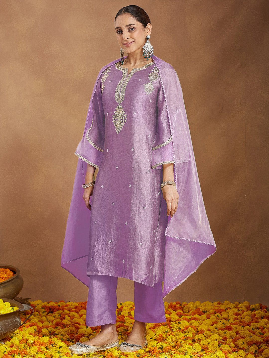 Ninnique Women's Lavender Silk Blend Zari Embroidered Straight Kurta Set