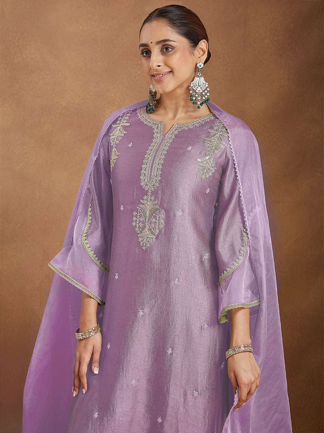 Ninnique Women's Lavender Silk Blend Zari Embroidered Straight Kurta Set