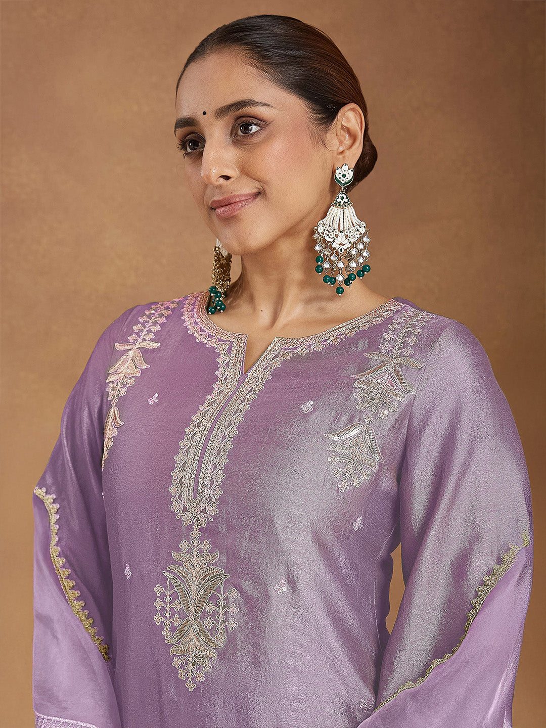 Ninnique Women's Lavender Silk Blend Zari Embroidered Straight Kurta Set
