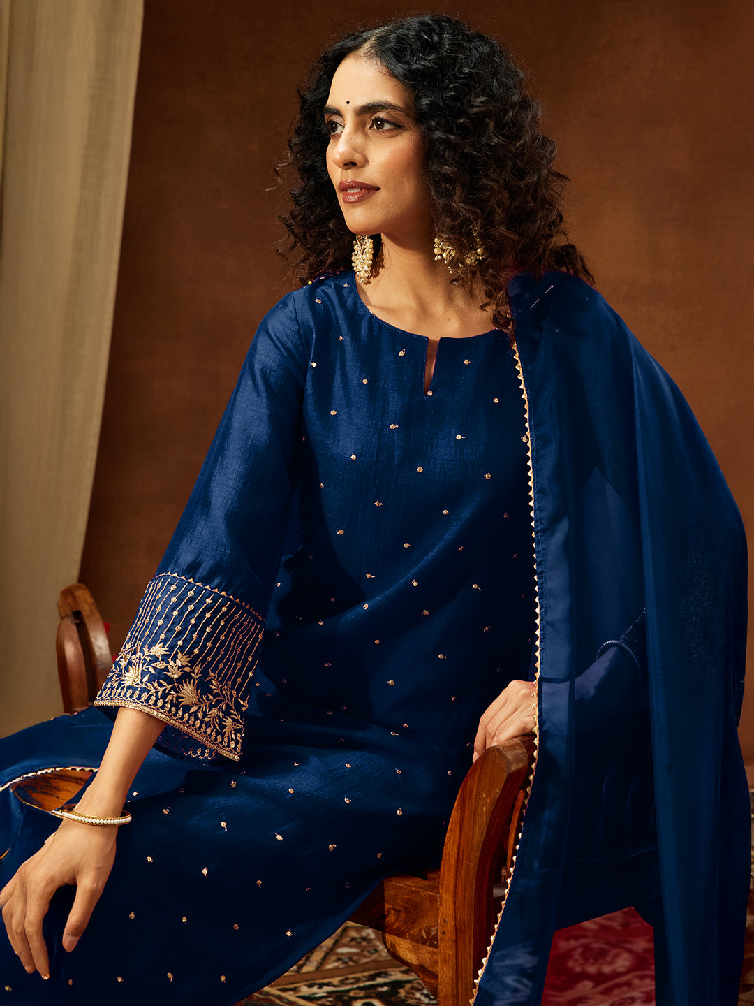 Ninnique Women's Teal Blue Silk Blend Embellished Straight Kurta Set