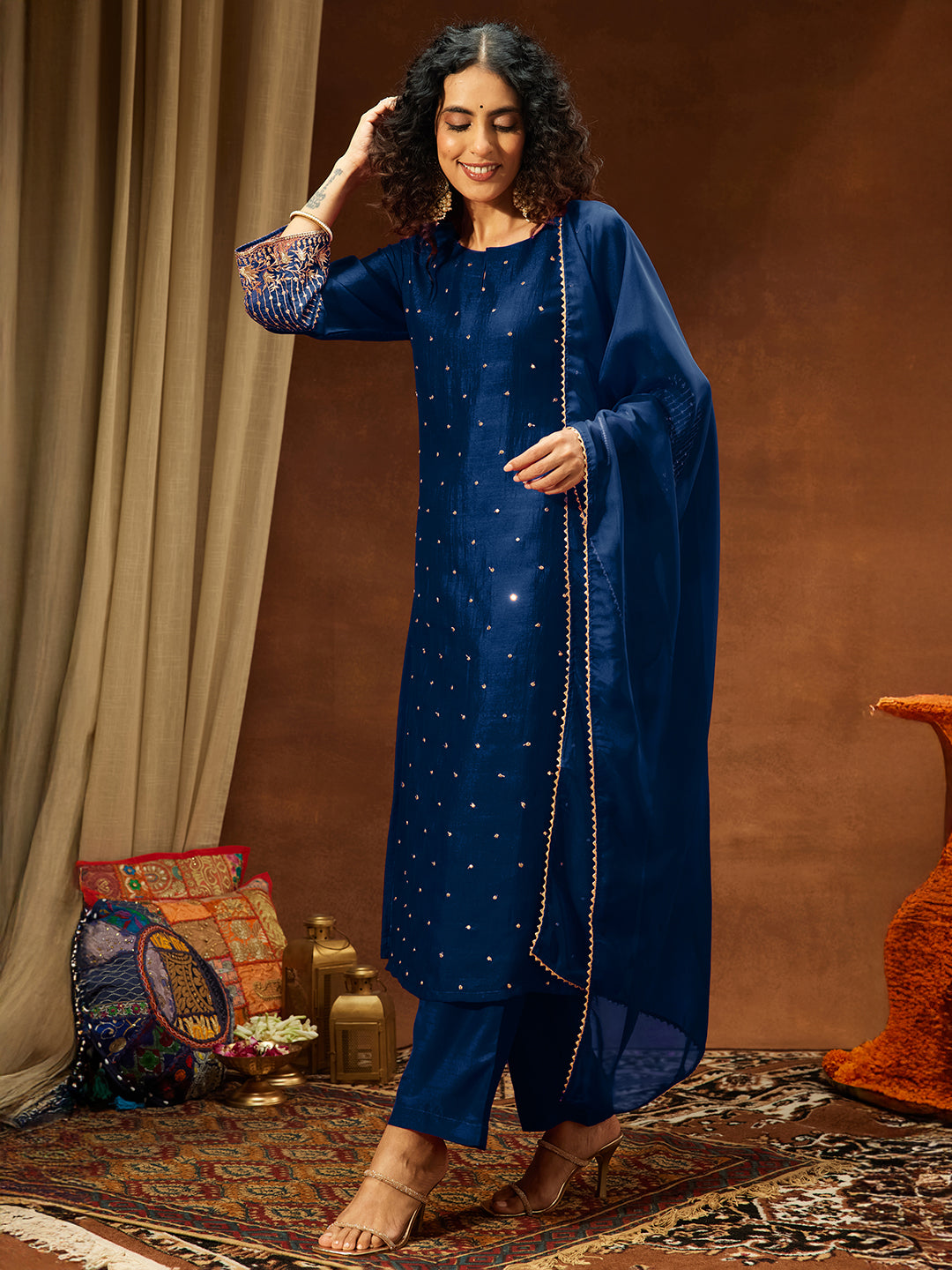 Ninnique Women's Teal Blue Silk Blend Embellished Straight Kurta Set