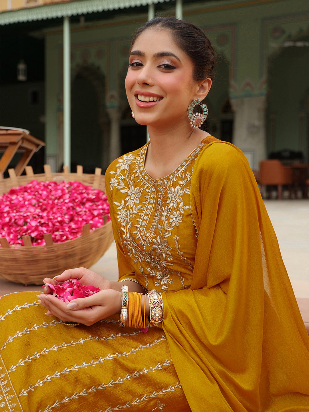 Ninnique Women's Mustard Silk Blend Embroidered Straight Kurta Set