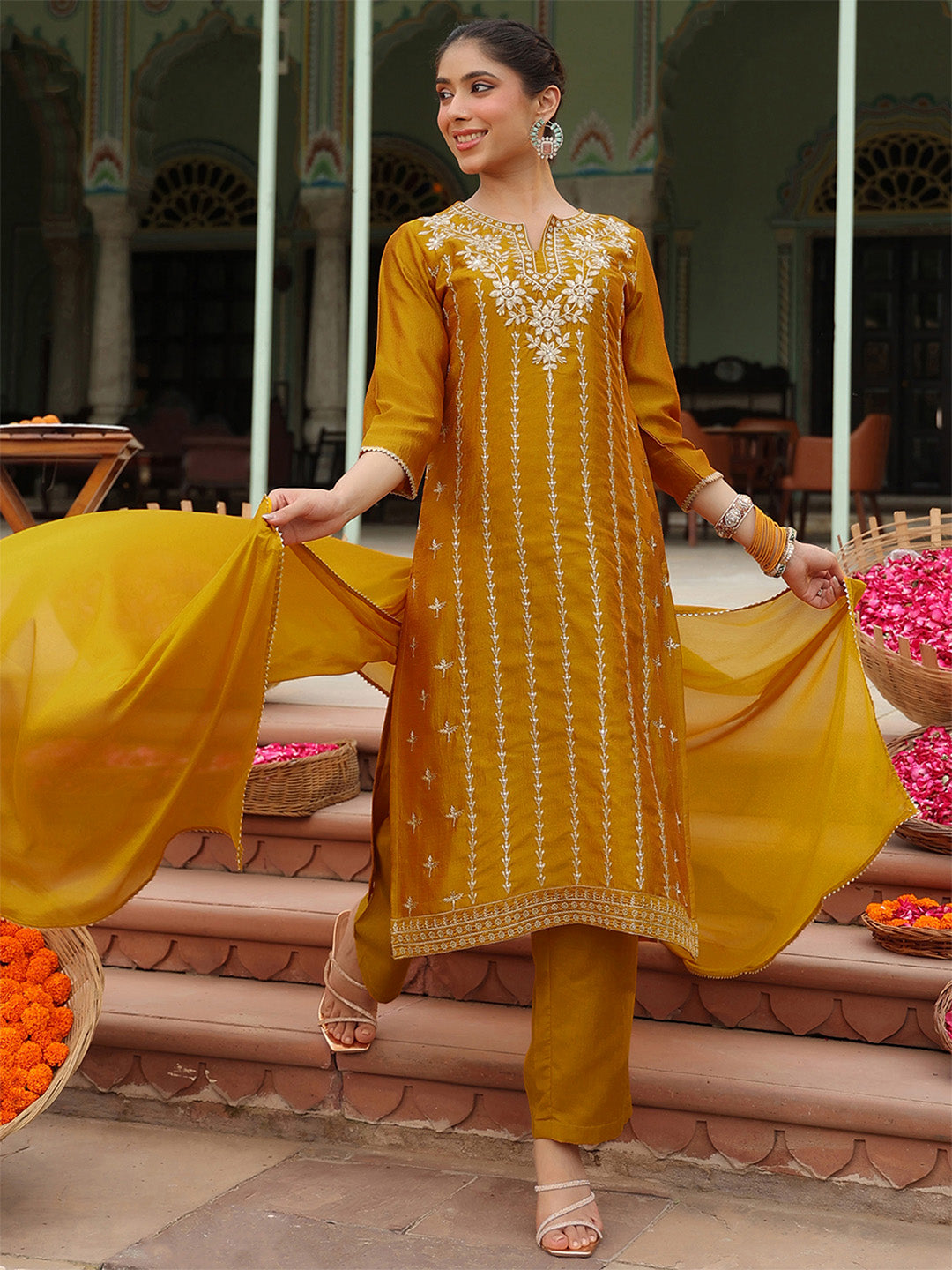 Ninnique Women's Mustard Silk Blend Embroidered Straight Kurta Set