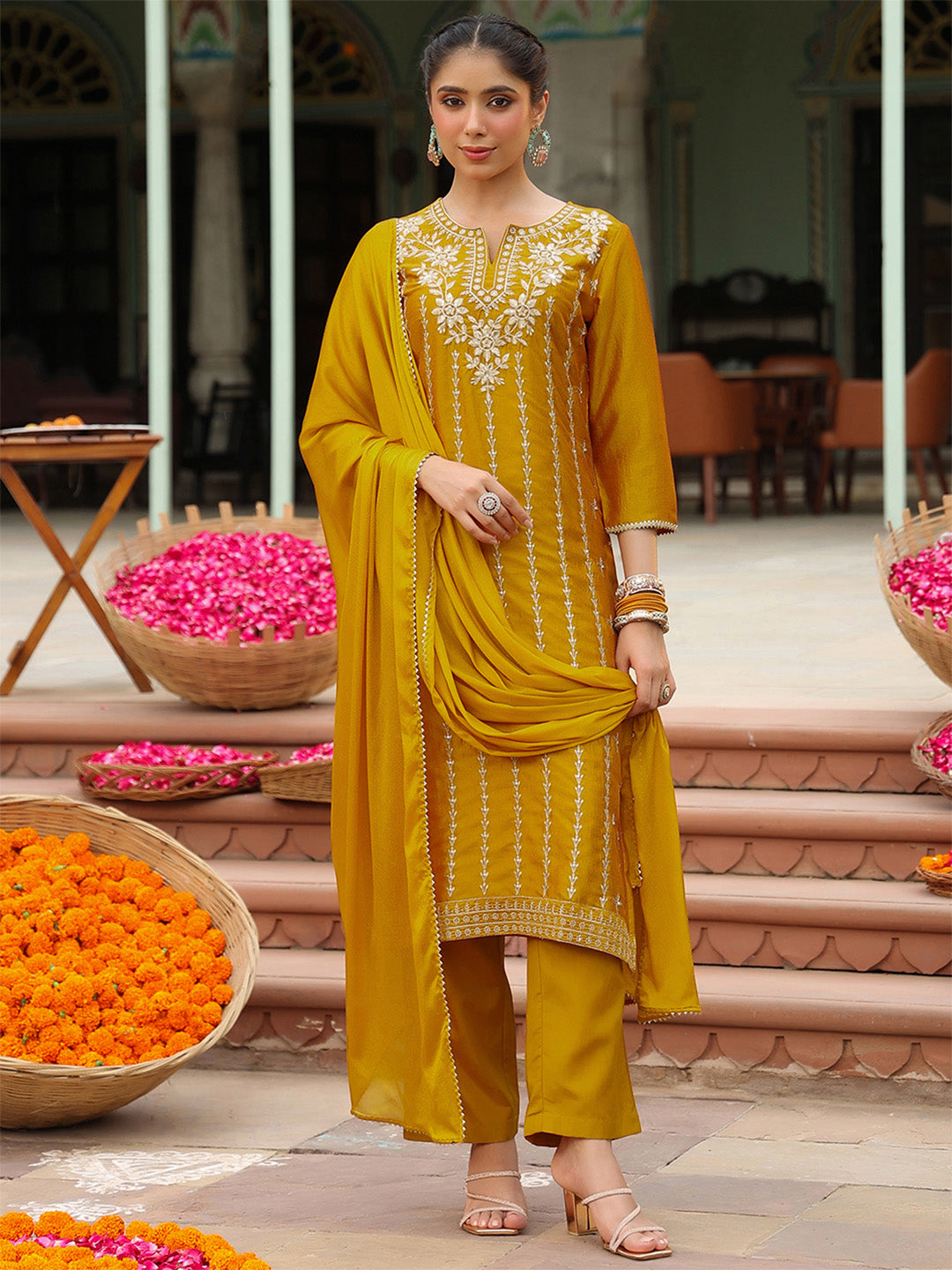 Ninnique Women's Mustard Silk Blend Embroidered Straight Kurta Set