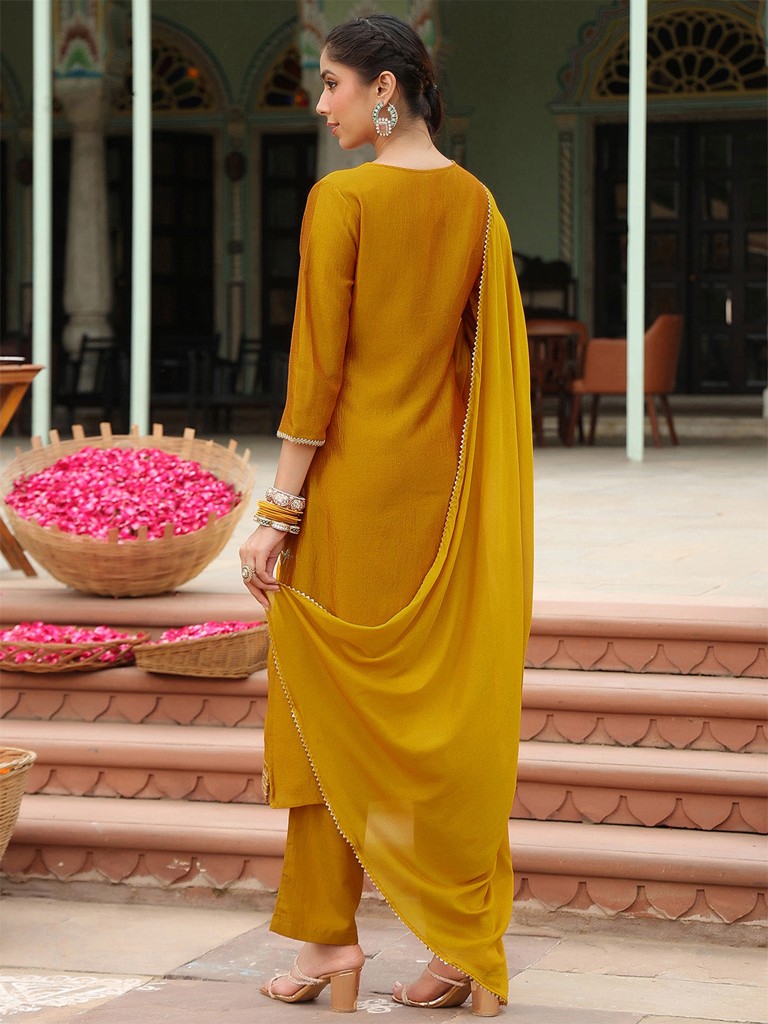 Ninnique Women's Mustard Silk Blend Embroidered Straight Kurta Set