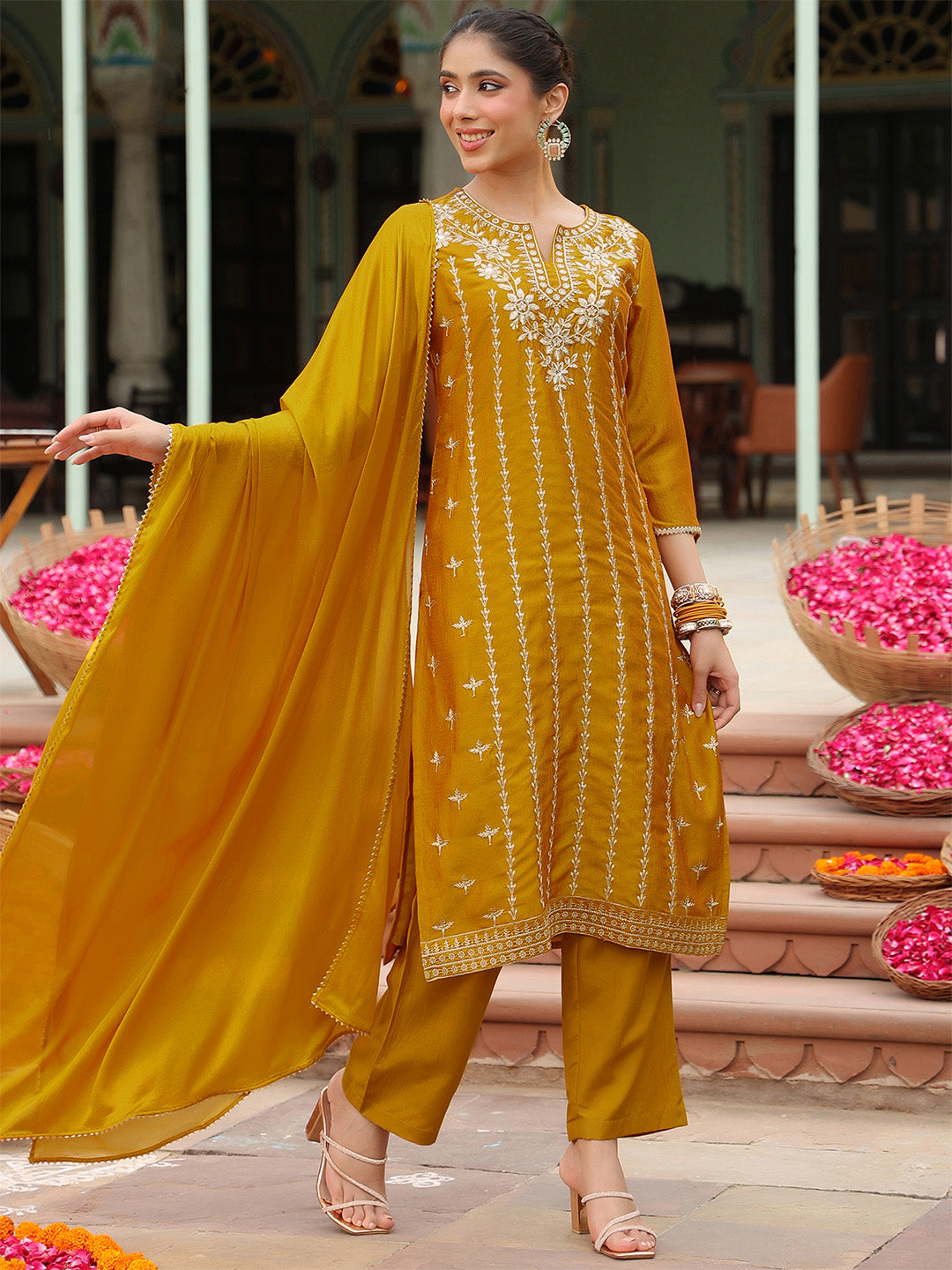 Ninnique Women's Mustard Silk Blend Embroidered Straight Kurta Set