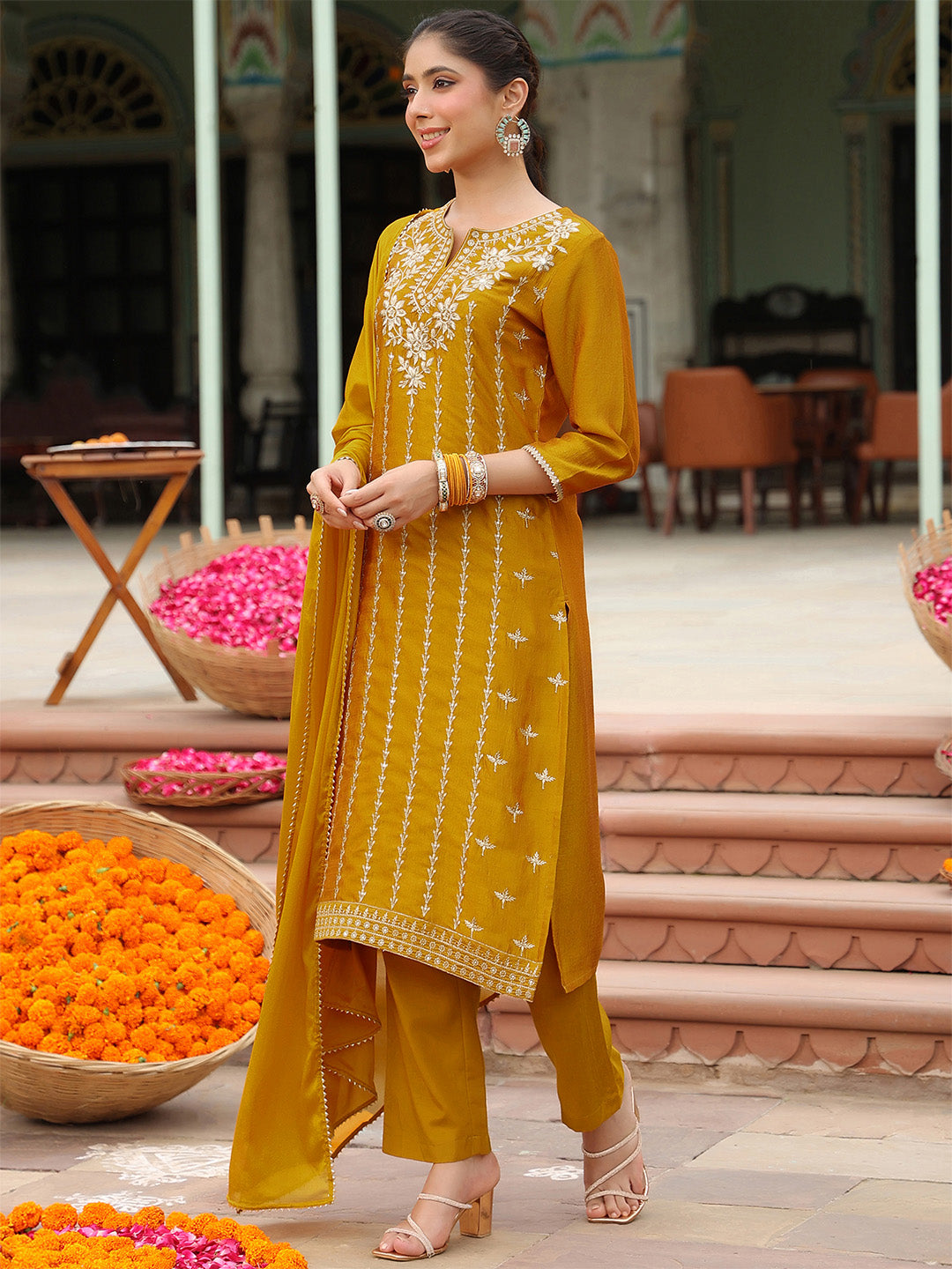 Ninnique Women's Mustard Silk Blend Embroidered Straight Kurta Set