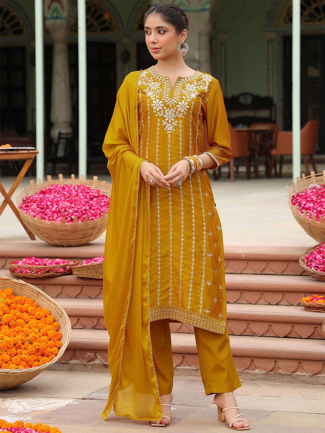 Ninnique Women's Mustard Silk Blend Embroidered Straight Kurta Set