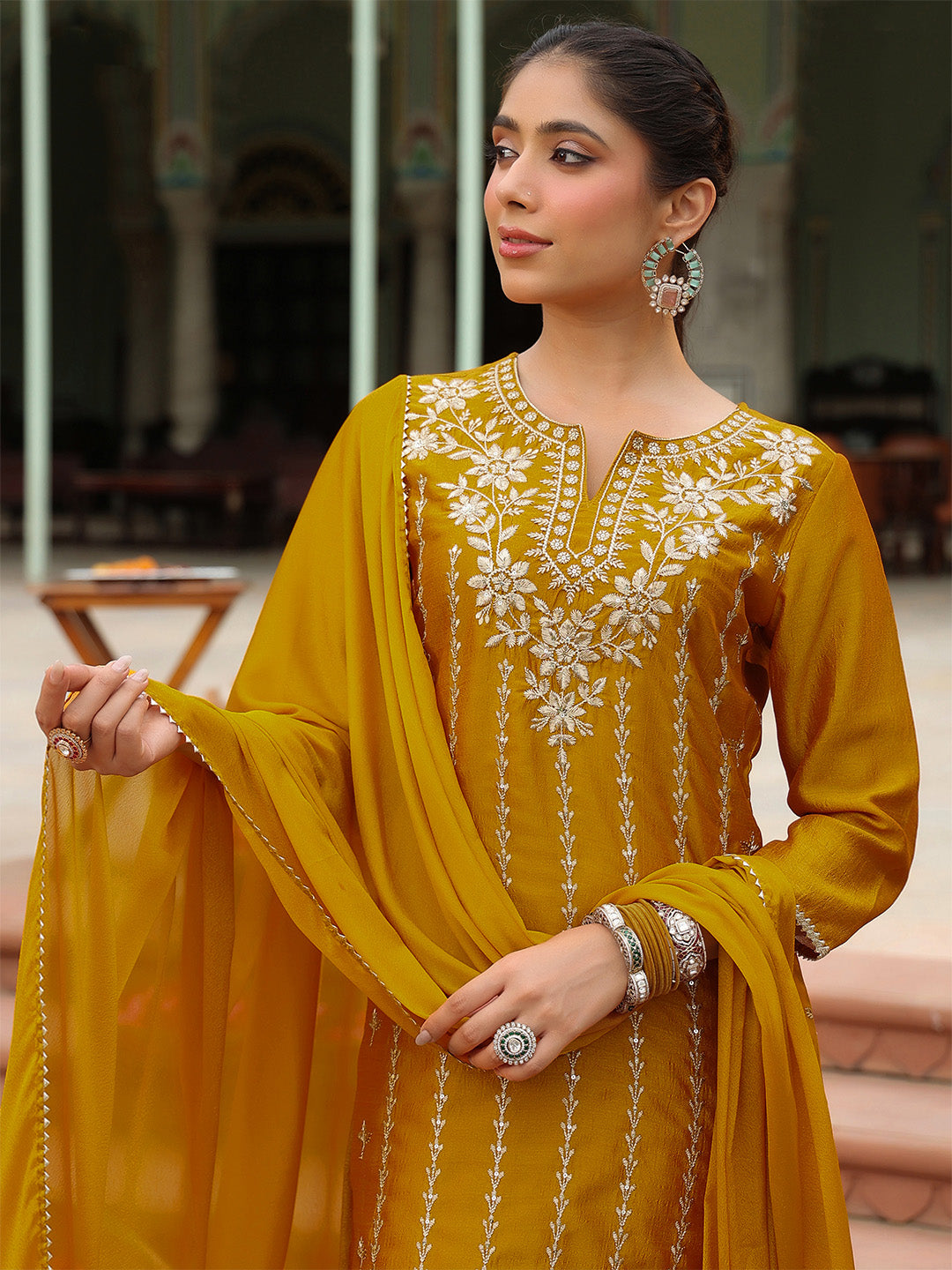 Ninnique Women's Mustard Silk Blend Embroidered Straight Kurta Set